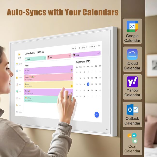 LiviNGPAi 21.5-inch smart digital calendar mounted on wall showing family schedule and chore chart