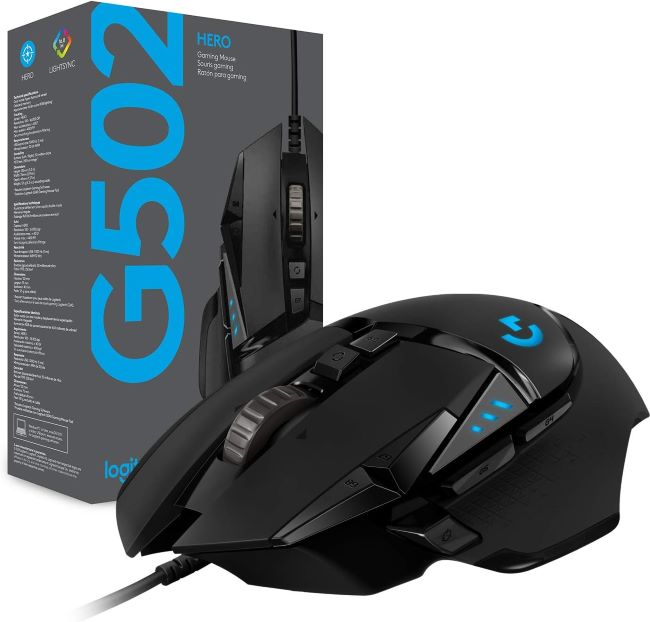 Logitech G502 Hero wired gaming mouse with adjustable weights and customizable buttons for performance control