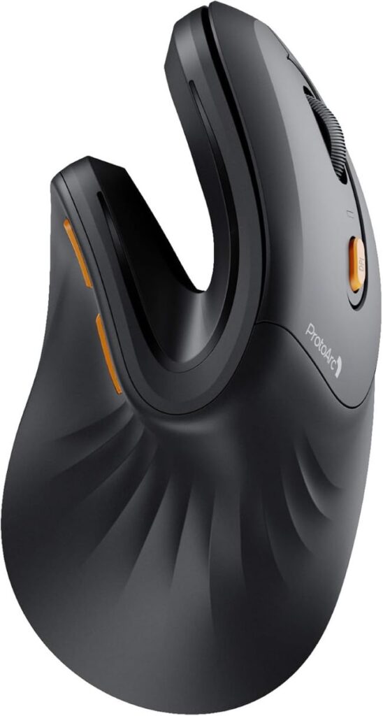 ProtoArc ergonomic vertical mouse with rechargeable battery and multi-device connectivity for comfort
