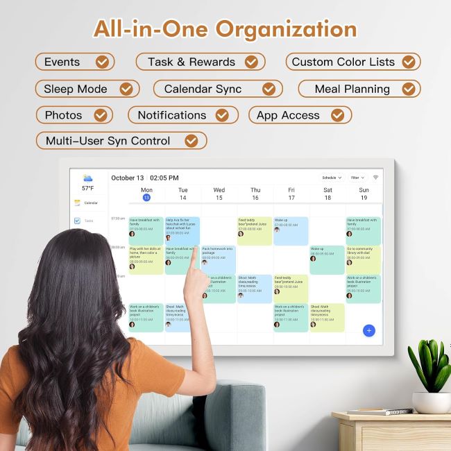 FULLJA 32-inch smart digital calendar showing synced schedules, rewards chart, and meal planner on large display