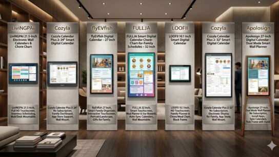 Large screen digital calendar mounted on wall displaying family schedule and tasks