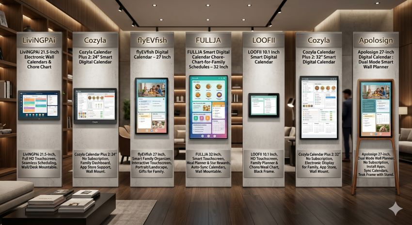 Large screen digital calendar mounted on wall displaying family schedule and tasks