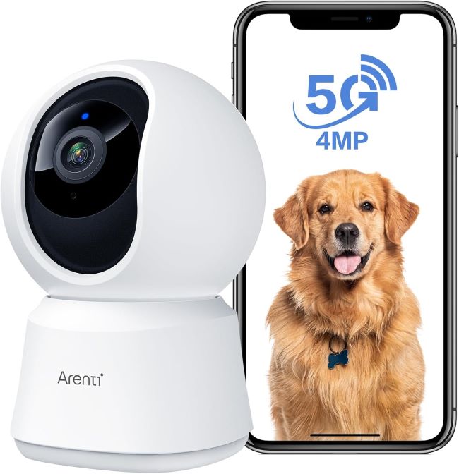 ARENTI 4MP indoor pet and baby monitor camera with auto tracking, dual-band WiFi, night vision, two-way talk, and cloud/SD storage options