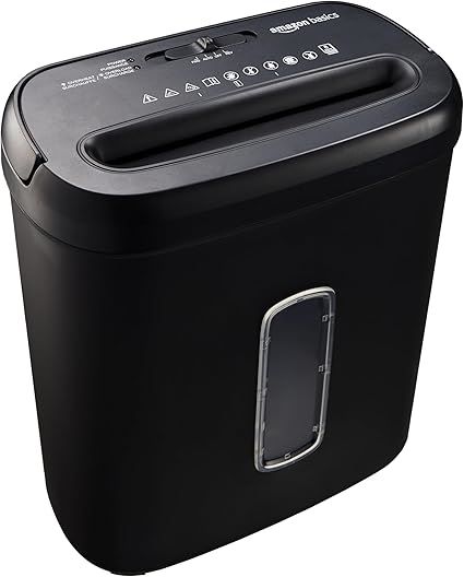 Amazon Basics 8-sheet high-security cross-cut shredder with P-4 protection, auto shut-off feature, and compact design for office use