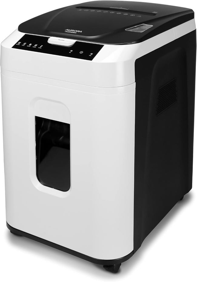Aurora commercial-grade 200-sheet auto-feed micro-cut shredder with P-5 security level for high-security office document destruction