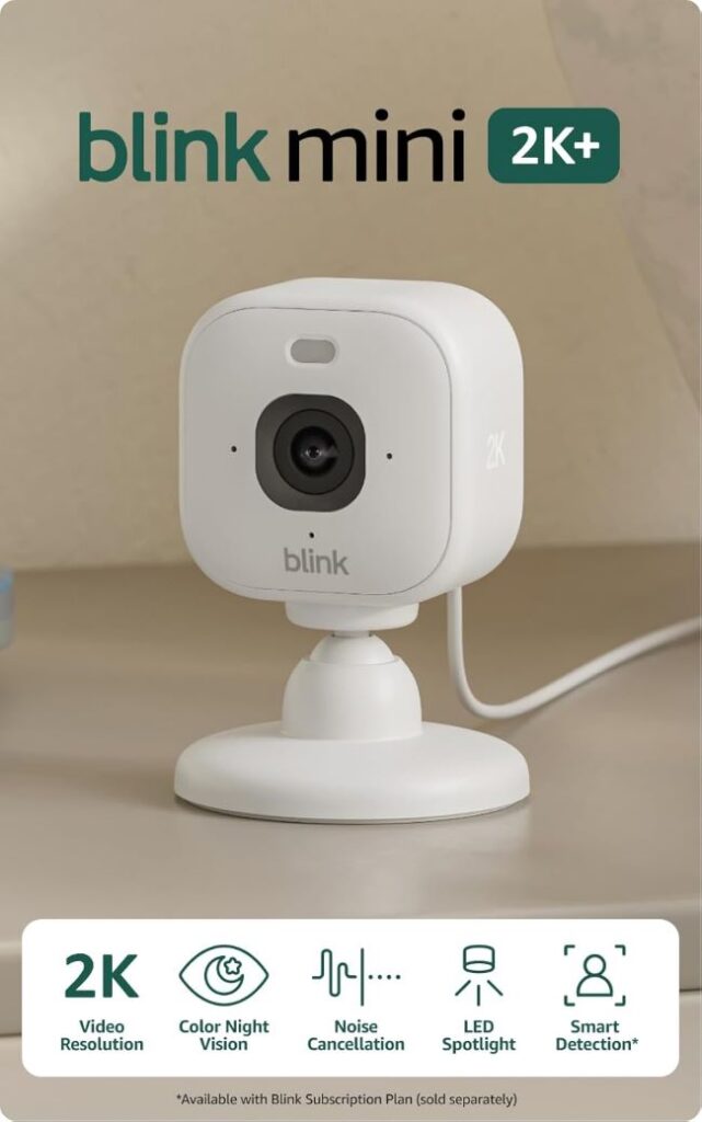Blink Mini 2K+ indoor security camera with plug-in design, motion detection, night vision, and enhanced audio for home and pet monitoring