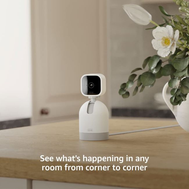 Blink Mini Pan-Tilt smart indoor camera with rotating view, motion detection, two-way audio, and Alexa compatibility