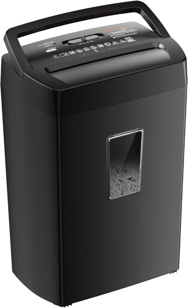 Bonsaii 12-sheet cross-cut paper shredder with P-4 security level, designed for shredding paper, credit cards, mail, and staples in home offices