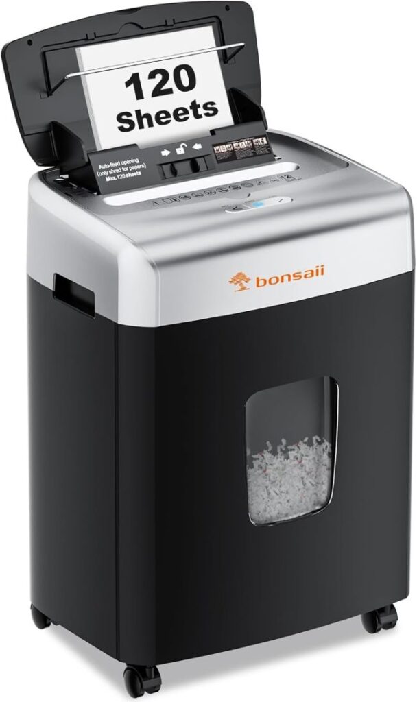Bonsaii 120-sheet automatic feed micro-cut shredder with P-4 security level, ideal for high-volume home and office document shredding
