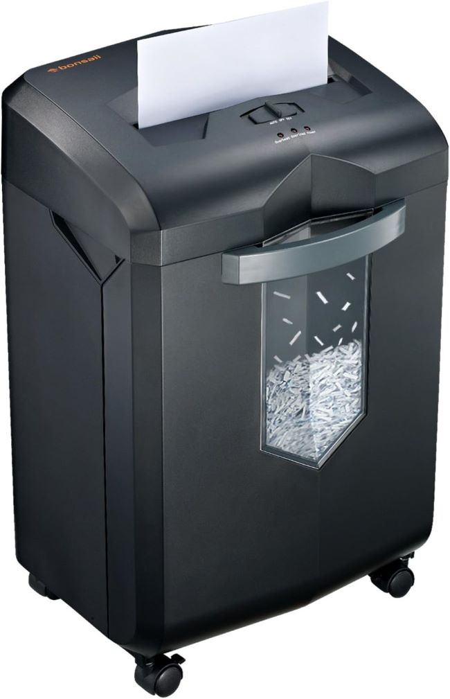 Bonsaii 18-sheet heavy-duty cross-cut shredder with 60-minute run time, pullout basket, and casters for office mobility and convenience