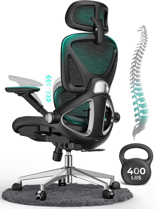 CAPOT ergonomic mesh office chair with adjustable lumbar support, 3D headrest, 4D flip-up arms, and high-back design for long work sessions