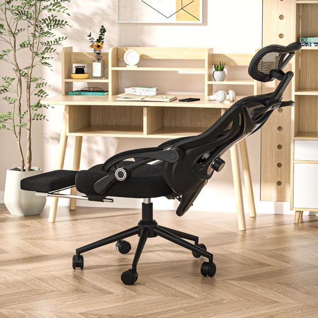 CYKOV ergonomic office chair with footrest, adjustable headrest and lumbar support, reclining mesh back, and 350-pound capacity