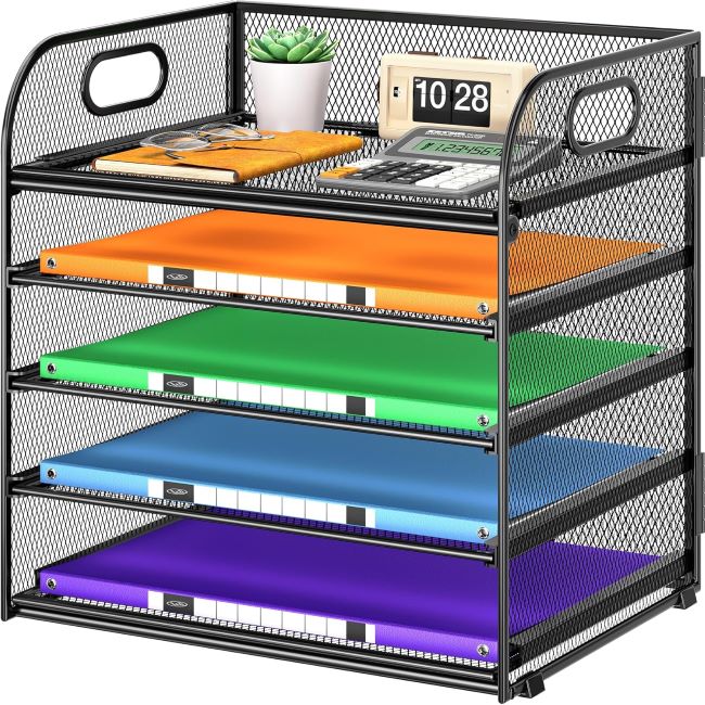 Cawukege 5-tier metal mesh desk file organizer with handle, ideal for storing documents and improving office desk organization