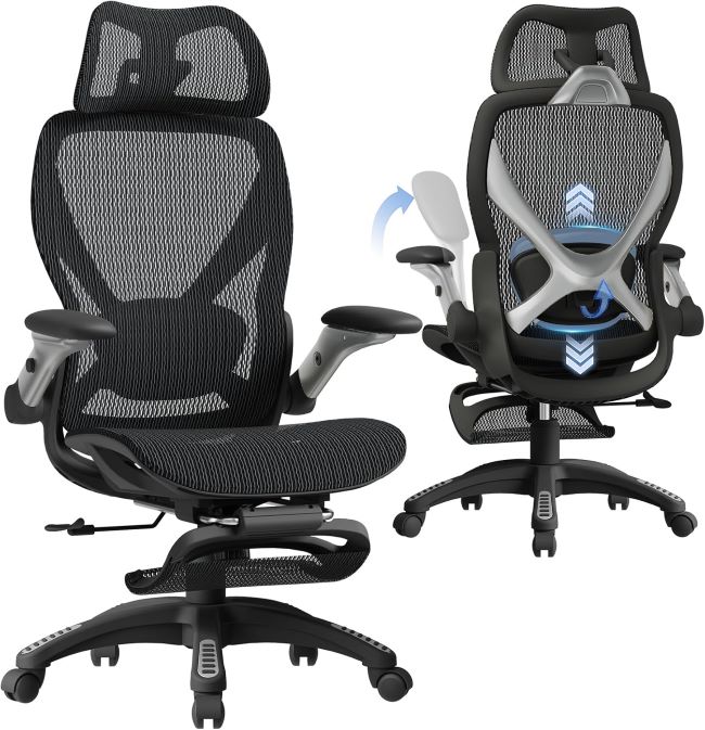 ELABEST X100 ergonomic mesh office chair with footrest, 5D flip-up arms, adjustable lumbar support, and high-back design for work or gaming