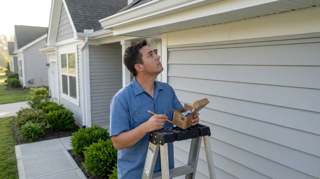 Homeowner mounting a smart security camera above a front door