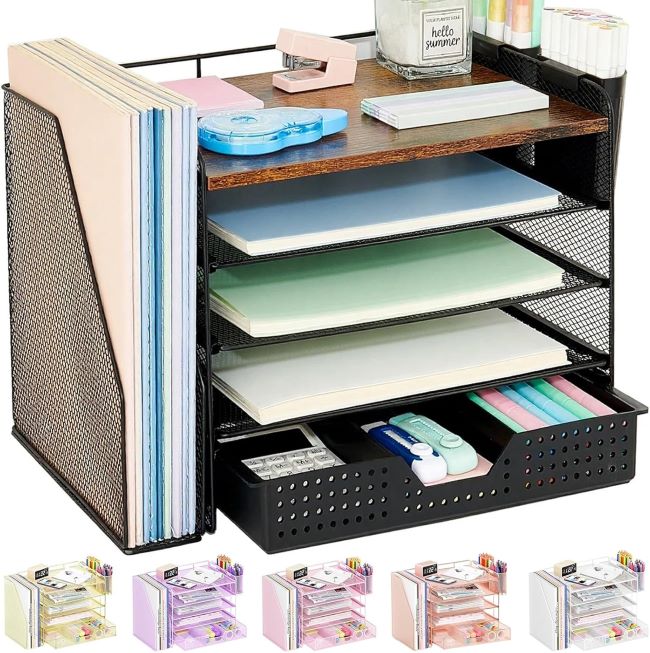 OPNICE 5-tier wooden desk organizer with drawer and pen holder, combining storage compartments for office supplies and documents