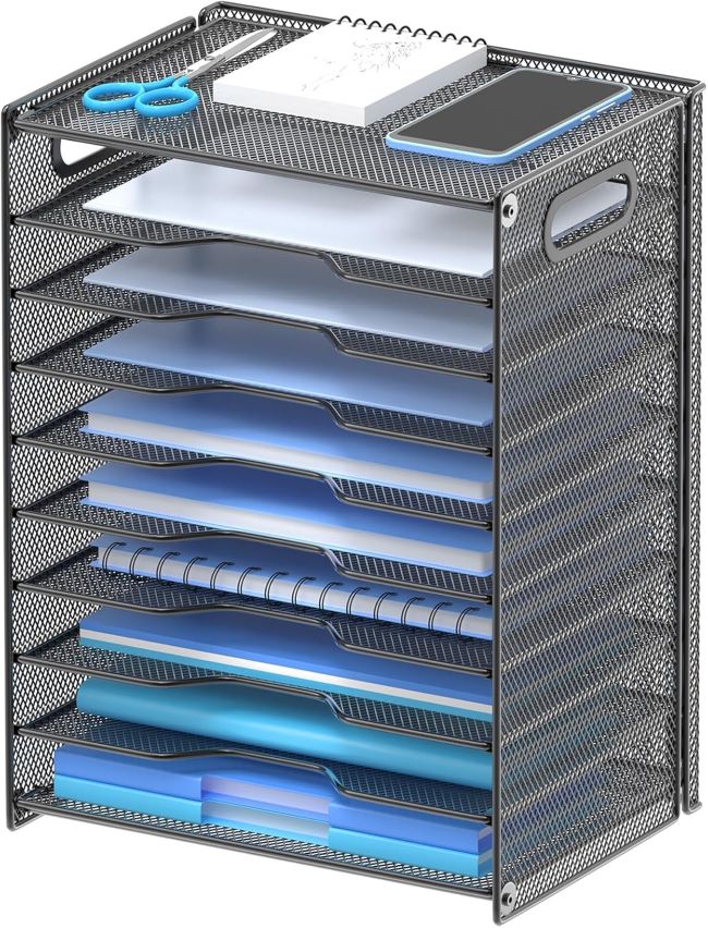 OUTWOLF 10-tier mesh paper organizer with letter trays and handles, designed for efficient office and school document storage