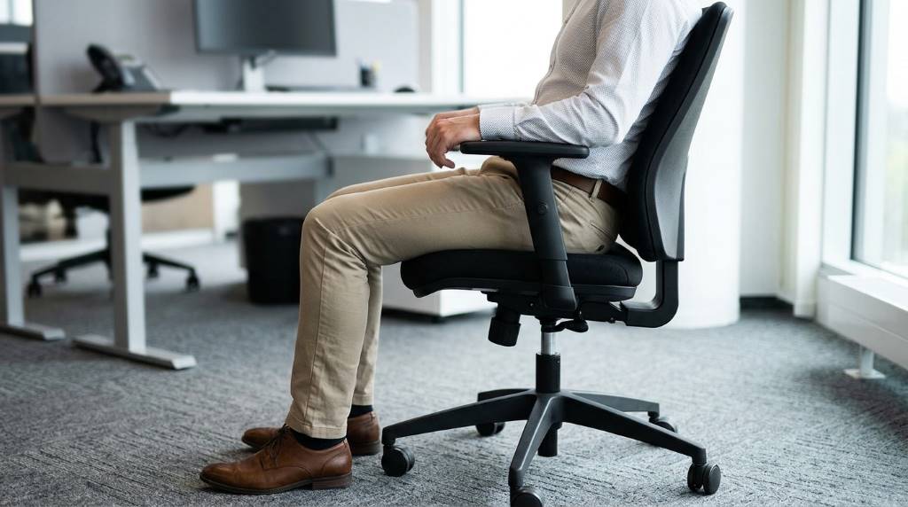 Office worker setting armrest height ergonomically