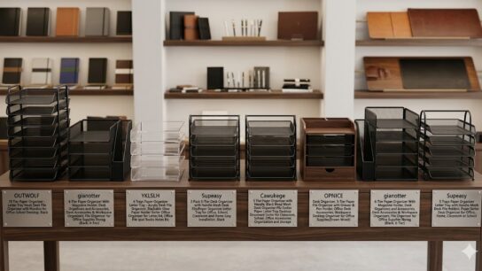 Organized office desk in New York with file holders, pen cups, and storage trays designed to improve productivity and workspace efficiency