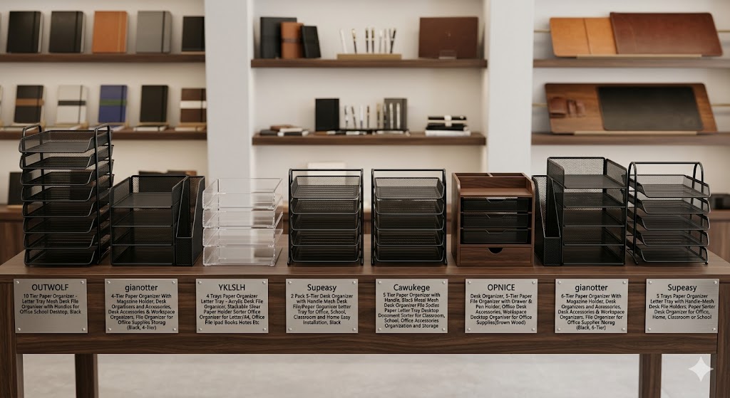 Organized office desk in New York with file holders, pen cups, and storage trays designed to improve productivity and workspace efficiency