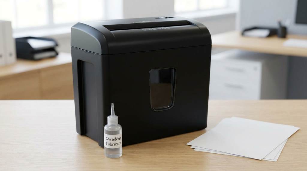 Shredder oil bottle beside commercial office shredder