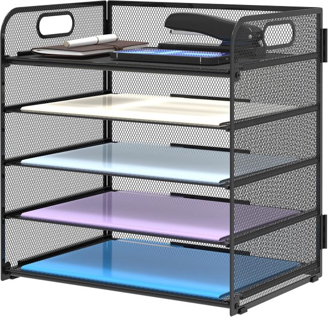 Supeasy 5-tray mesh paper organizer with handle, designed for sorting documents and keeping office or school desks neatly organized