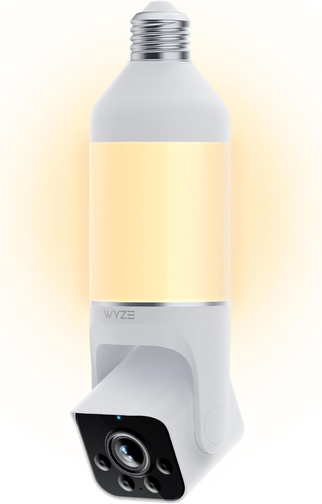 WYZE Bulb Cam 2K smart light bulb security camera with wide-angle view, motion detection, siren, and dimmable LED lighting for home security