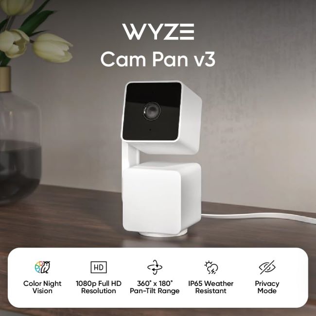 WYZE Cam Pan v3 1080p pan/tilt/zoom security camera with color night vision, motion tracking, and smart assistant compatibility