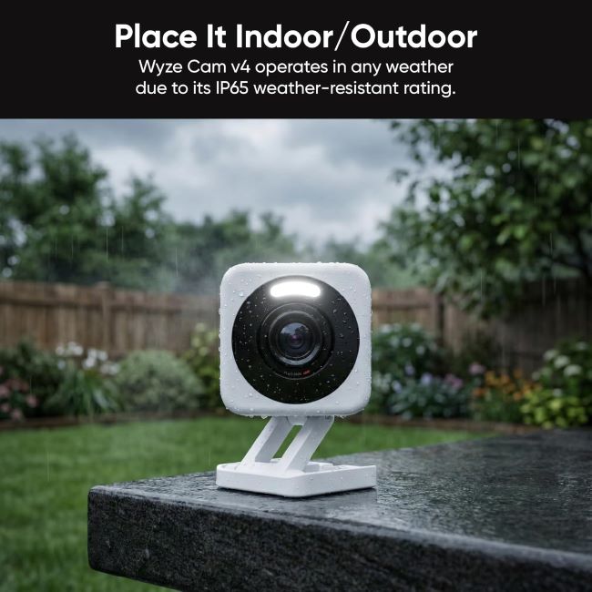 WYZE Cam v4 2.5K AI security camera for indoor/outdoor home monitoring, with color night vision, motion detection, and no subscription required