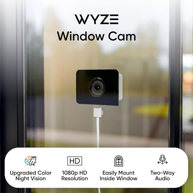 Wyze Window Cam HD indoor security camera with AI motion detection, color night vision, and easy setup for window-based surveillance