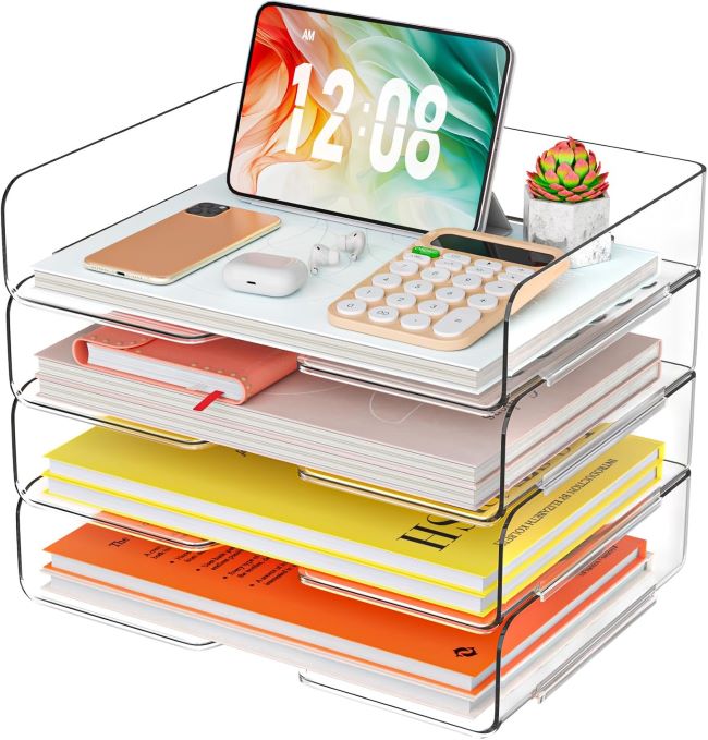 Clear acrylic 4-tray stackable desk file organizer for letters, A4 papers, notes, and office documents with modern transparent design