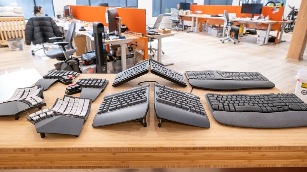 Close-up of split ergonomic keyboard layout used for better wrist support and typing comfort