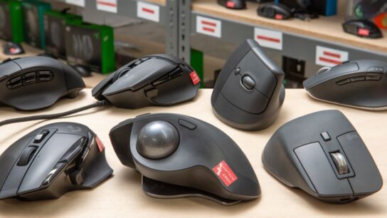 Close-up of vertical ergonomic mouse providing natural hand positioning and support