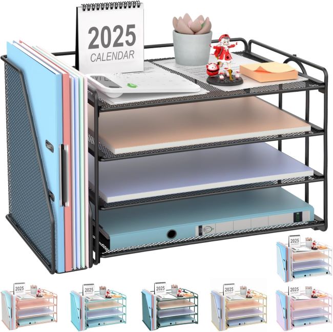 Gianotter 4-tier desk paper organizer with magazine holder, ideal for sorting files, documents, and office supplies in a workspace