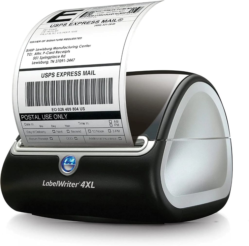 Close-up of thermal label tape being installed in a label printer for business use