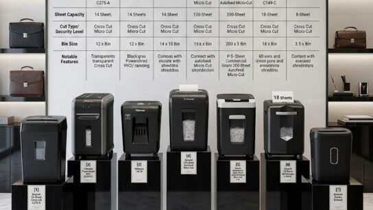 Office paper shredder in a California workspace shredding confidential documents, highlighting secure data destruction and privacy protection