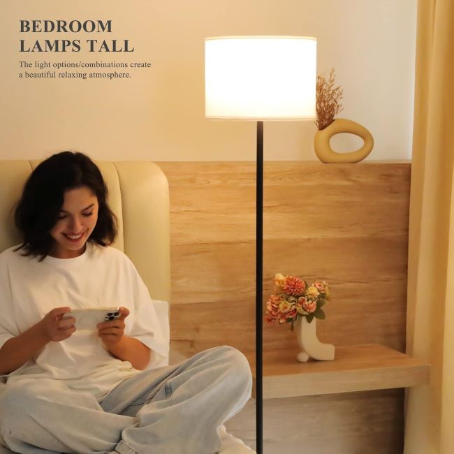 Ambimall floor lamp with white shade and sleek black pole design