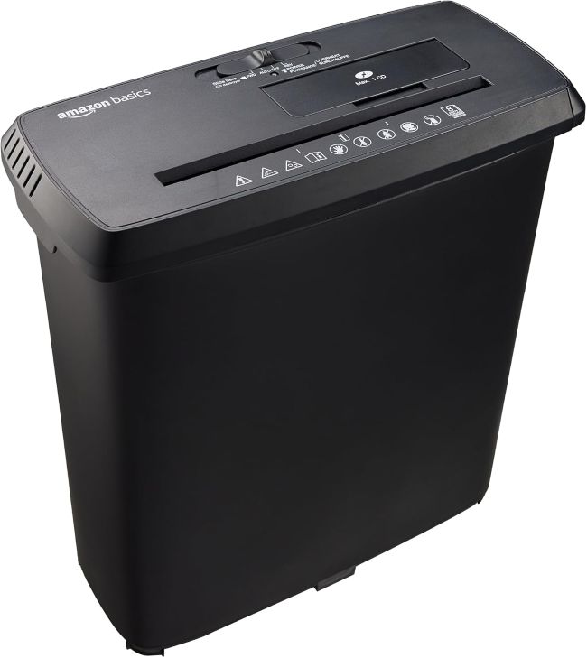 Amazon Basics 3.4-Gallon Strip-Cut Shredder with compact design for home offices