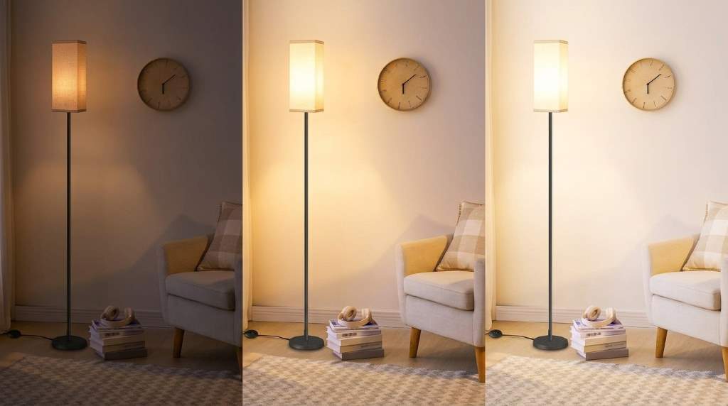 GOEBLESON standing floor lamp with linen shade beside sofa