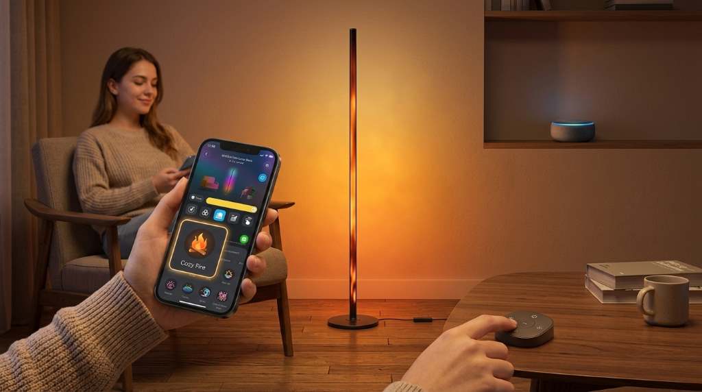 Govee RGBIC Floor Lamp Basic beside a modern living room wall