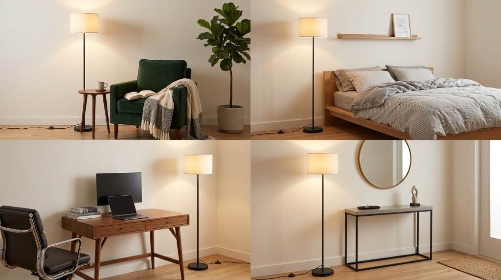 Minimalist Ambimall floor lamp beside home office desk
