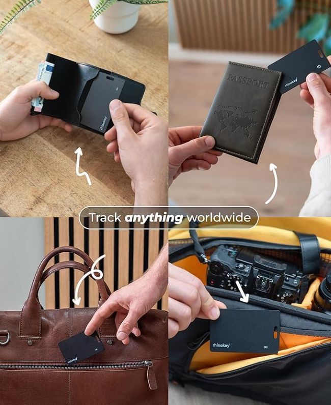 Rhinokey rechargeable tracker card for locating wallets, luggage, and personal items