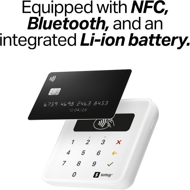 SumUp Plus portable card reader paired with a smartphone for mobile checkout