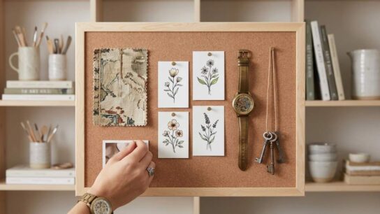 U Brands cork bulletin board mounted on office wall