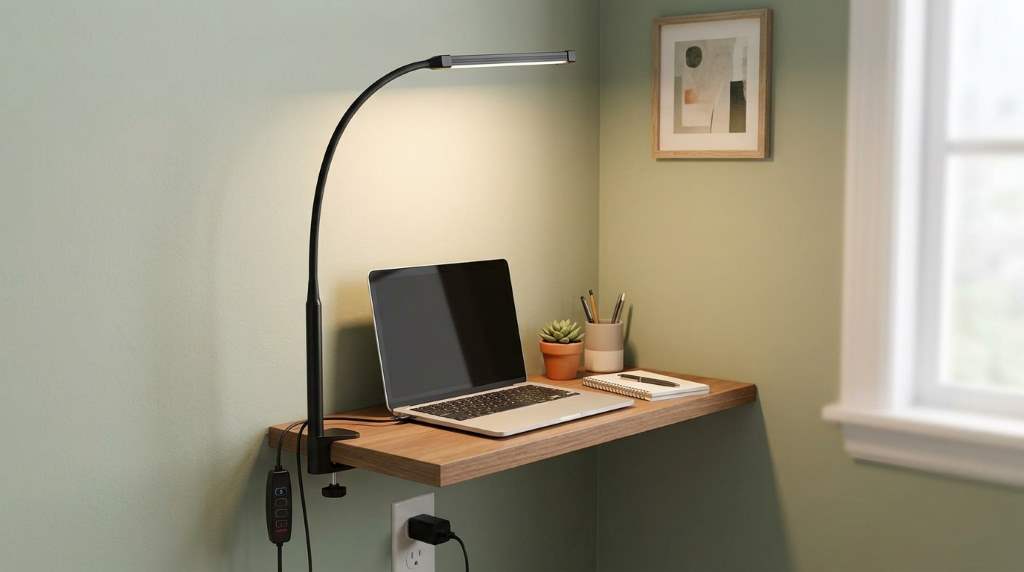 Voncerus clip on desk lamp attached to a compact workstation