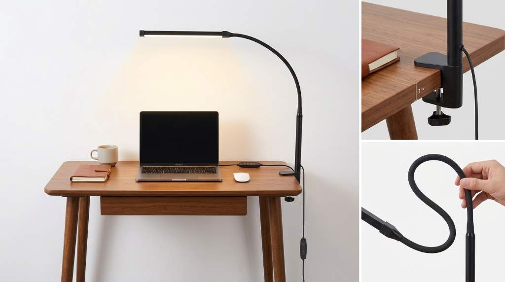 Voncerus desk lamp with flexible gooseneck on narrow table