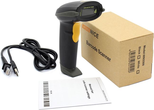 WoneNice handheld laser barcode scanner reading 1D barcodes for retail and office tasks